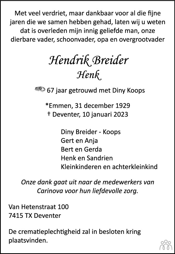 Hendrik Henk Breider Overlijdensbericht En Condoleances