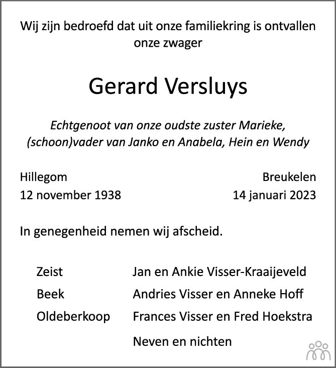 Gerard Versluys 14 01 2023 Overlijdensbericht En Condoleances