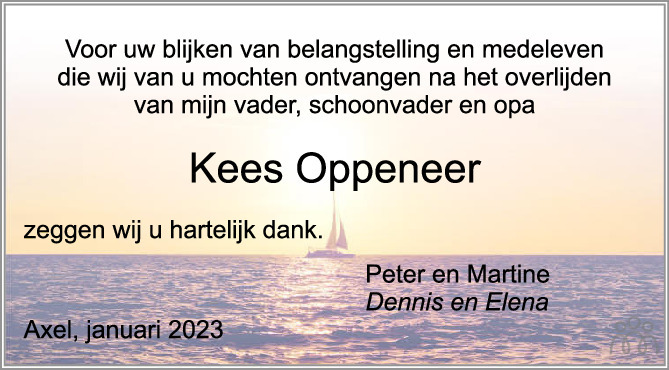 Cornelis Marinus Kees Oppeneer Overlijdensbericht En