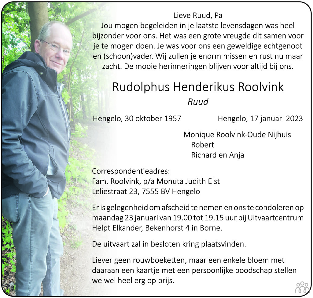 Rudolphus Henderikus Ruud Roolvink 17 01 2023 Overlijdensbericht En