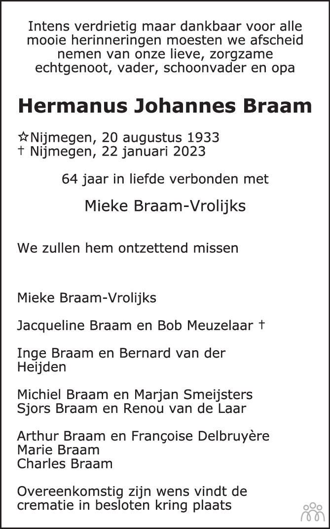 Hermanus Johannes Braam 22 01 2023 Overlijdensbericht En Condoleances