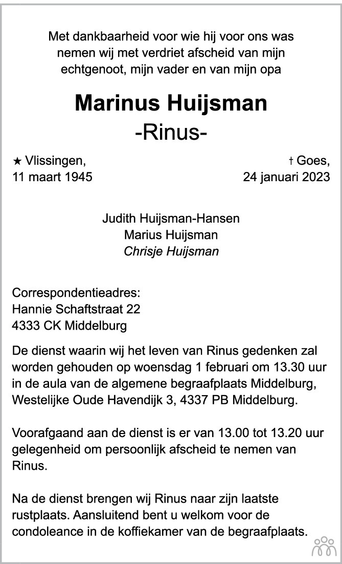 Marinus Rinus Huijsman Overlijdensbericht En Condoleances