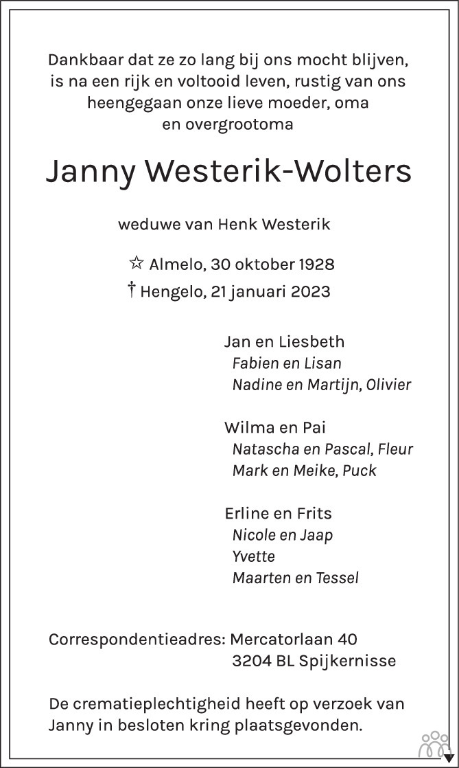 Janny Westerik Wolters 21 01 2023 Overlijdensbericht En Condoleances