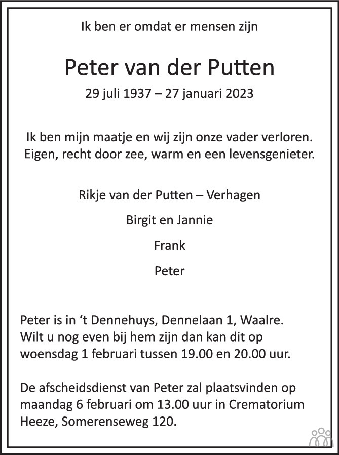 Peter Van Der Putten 27 01 2023 Overlijdensbericht En Condoleances