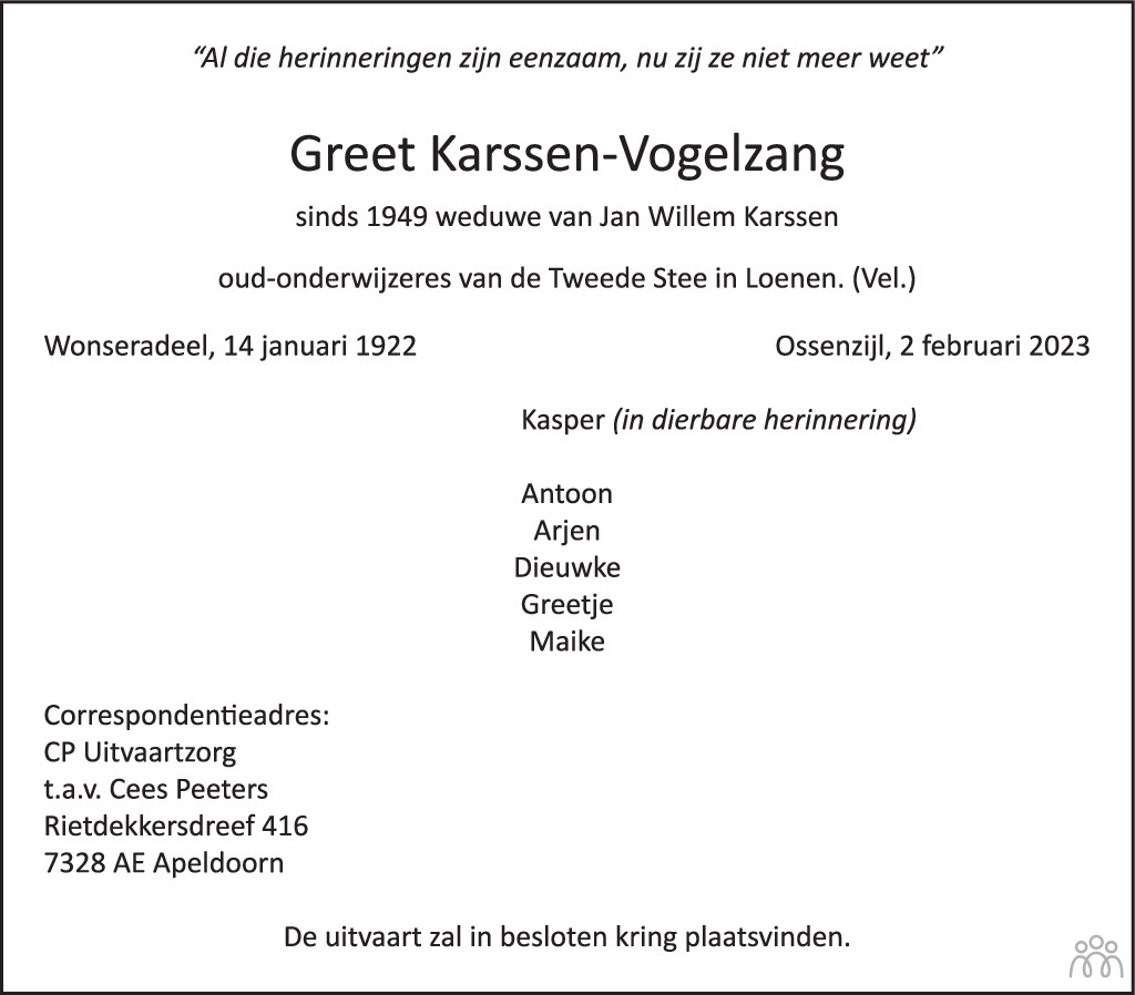 Greet Karssen Vogelzang Overlijdensbericht En Condoleances