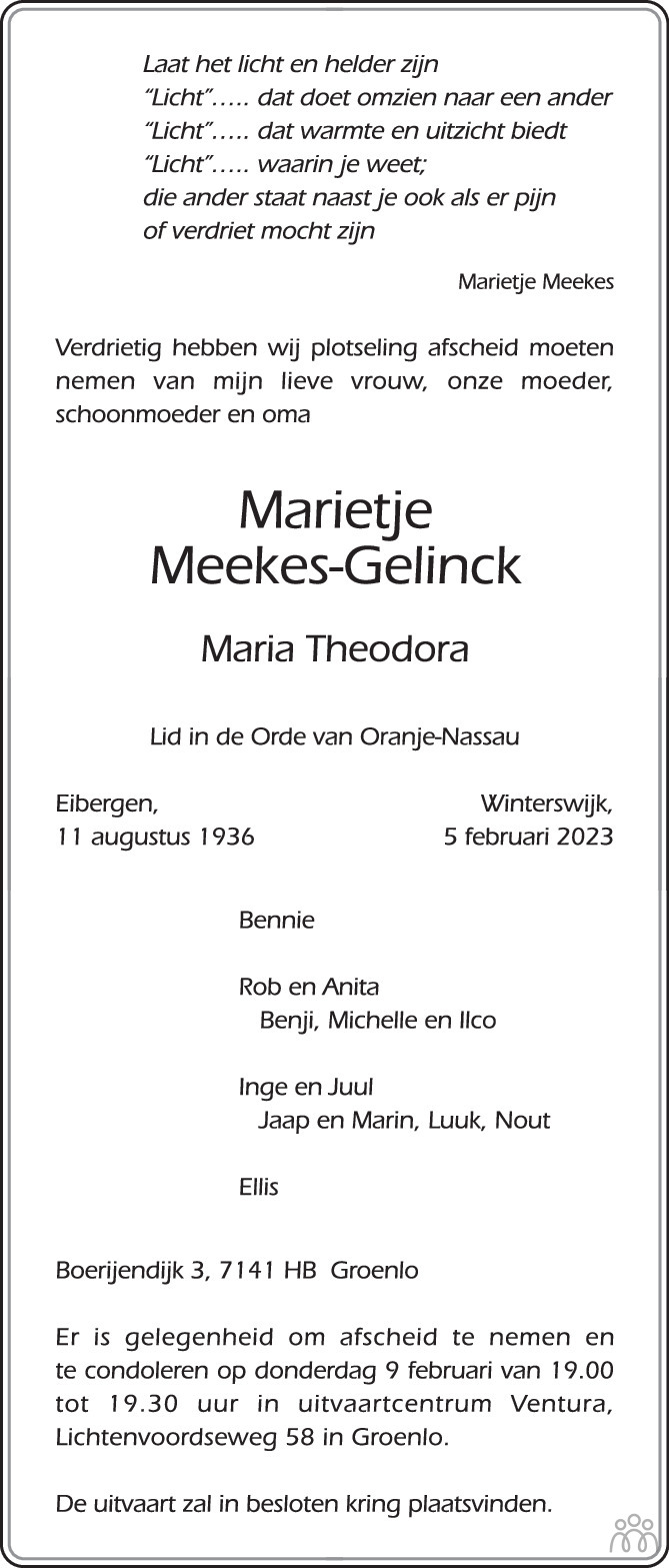 Marietje Maria Theodora Meekes Gelinck 05 02 2023 Overlijdensbericht