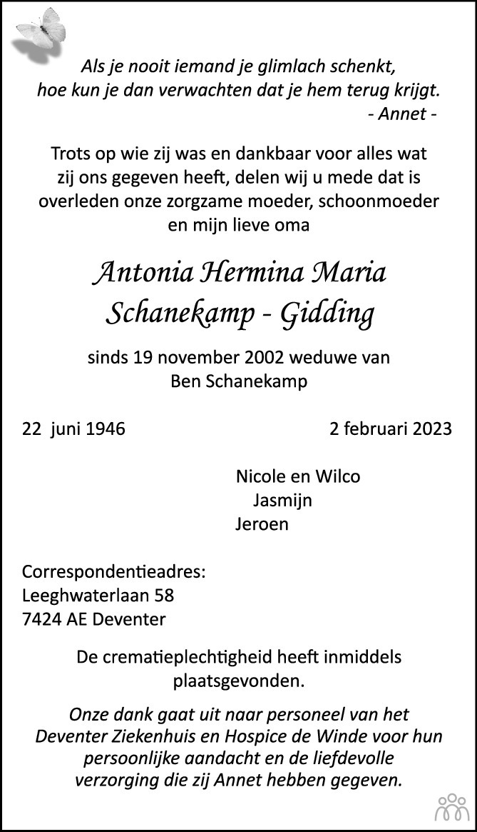 Antonia Hermina Maria Schanekamp Gidding Overlijdensbericht