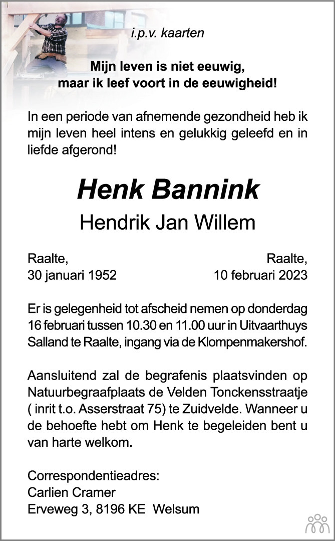 Henk Hendrik Jan Willem Bannink 10 02 2023 Overlijdensbericht En