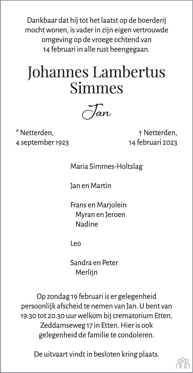 Johannes Lambertus Jan Simmes 14 02 2023 Overlijdensbericht En