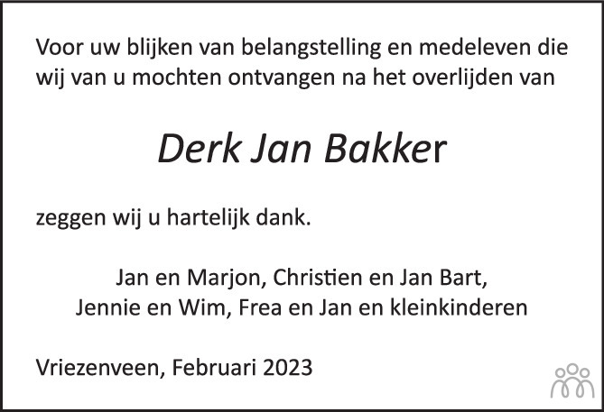 Derk Jan Beenies Derk Bakker 18 11 2022 Overlijdensbericht En