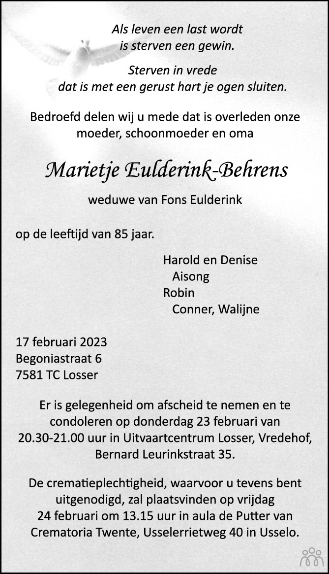 Marietje Eulderink Behrens 17 02 2023 Overlijdensbericht En