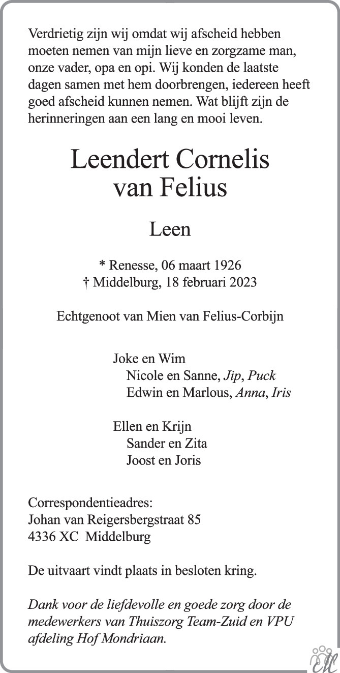 Leendert Cornelis Leen Van Felius Overlijdensbericht En