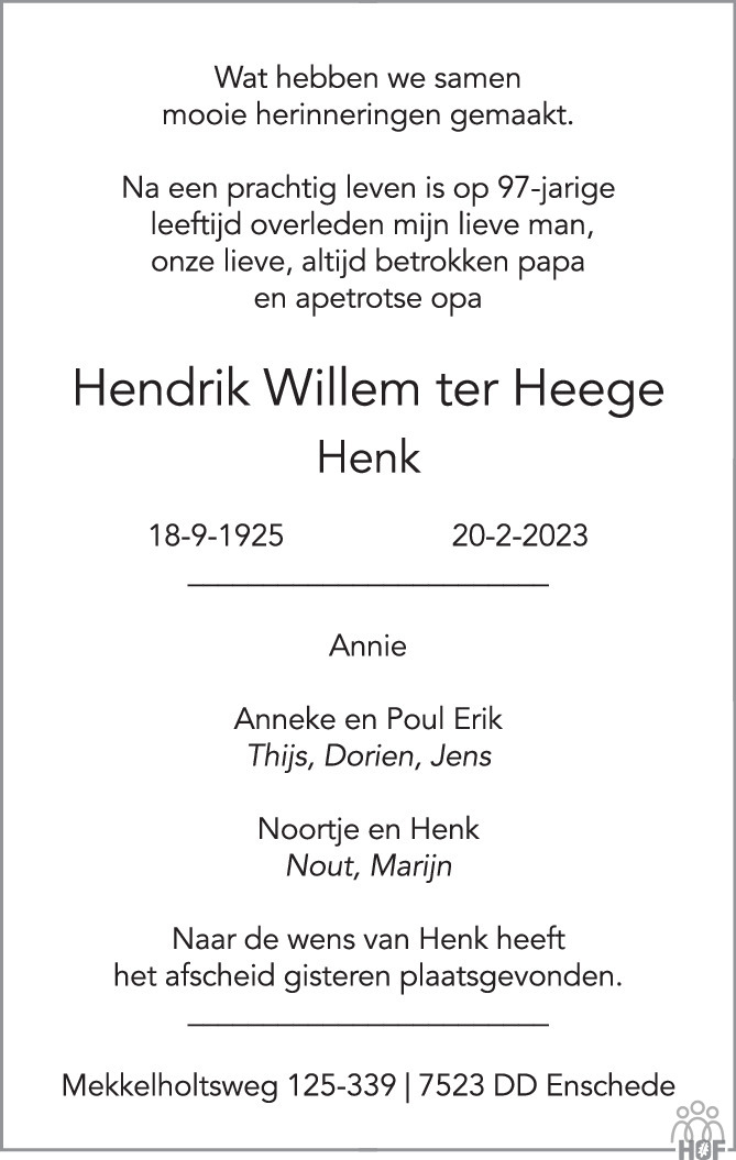 Hendrik Willem Henk Ter Heege Overlijdensbericht En