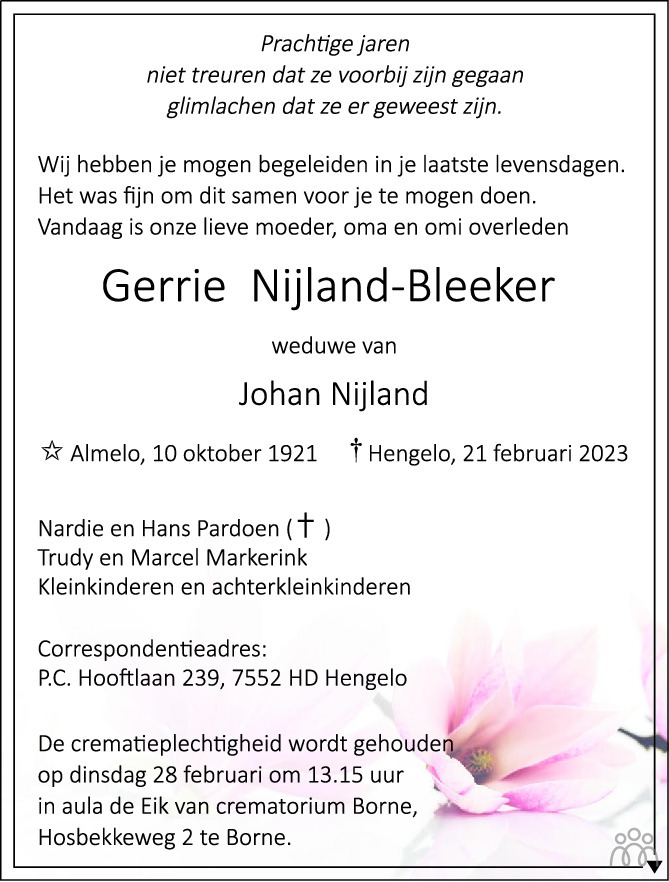 Gerrie Nijland Bleeker Overlijdensbericht En Condoleances