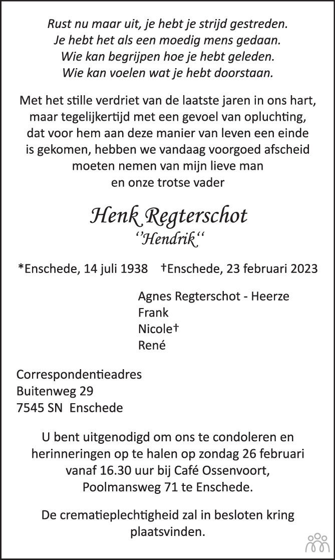 Henk Hendrik Regterschot Overlijdensbericht En