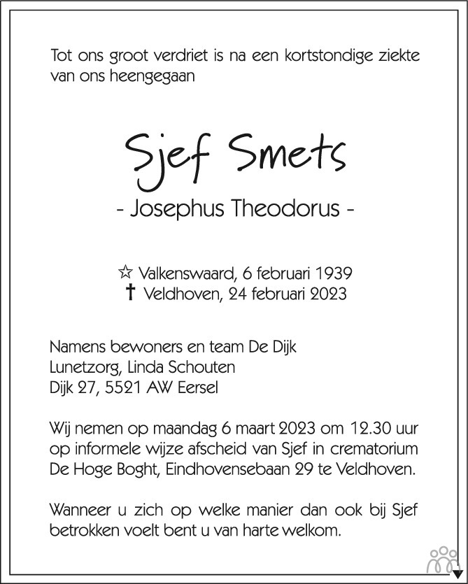 Sjef Josephus Theodorus Smets 24 02 2023 Overlijdensbericht En