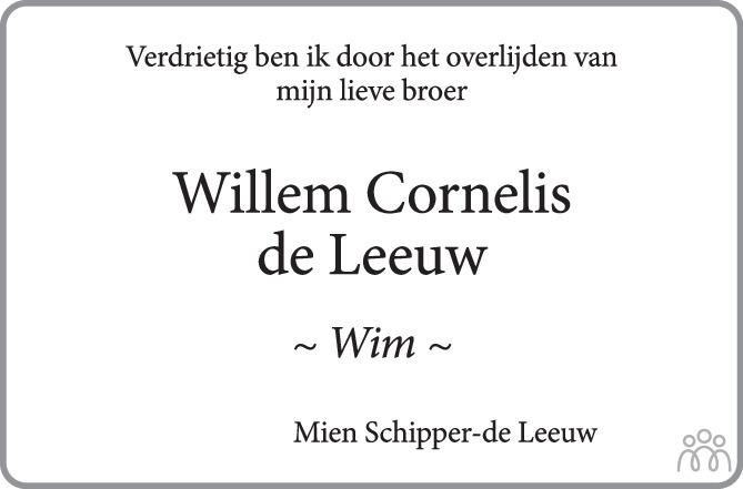 Willem Cornelis Wim De Leeuw 02 03 2023 Overlijdensbericht En