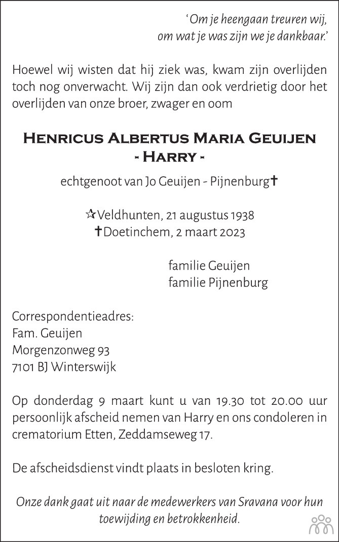 Henricus Albertus Maria Harry Geuijen Overlijdensbericht