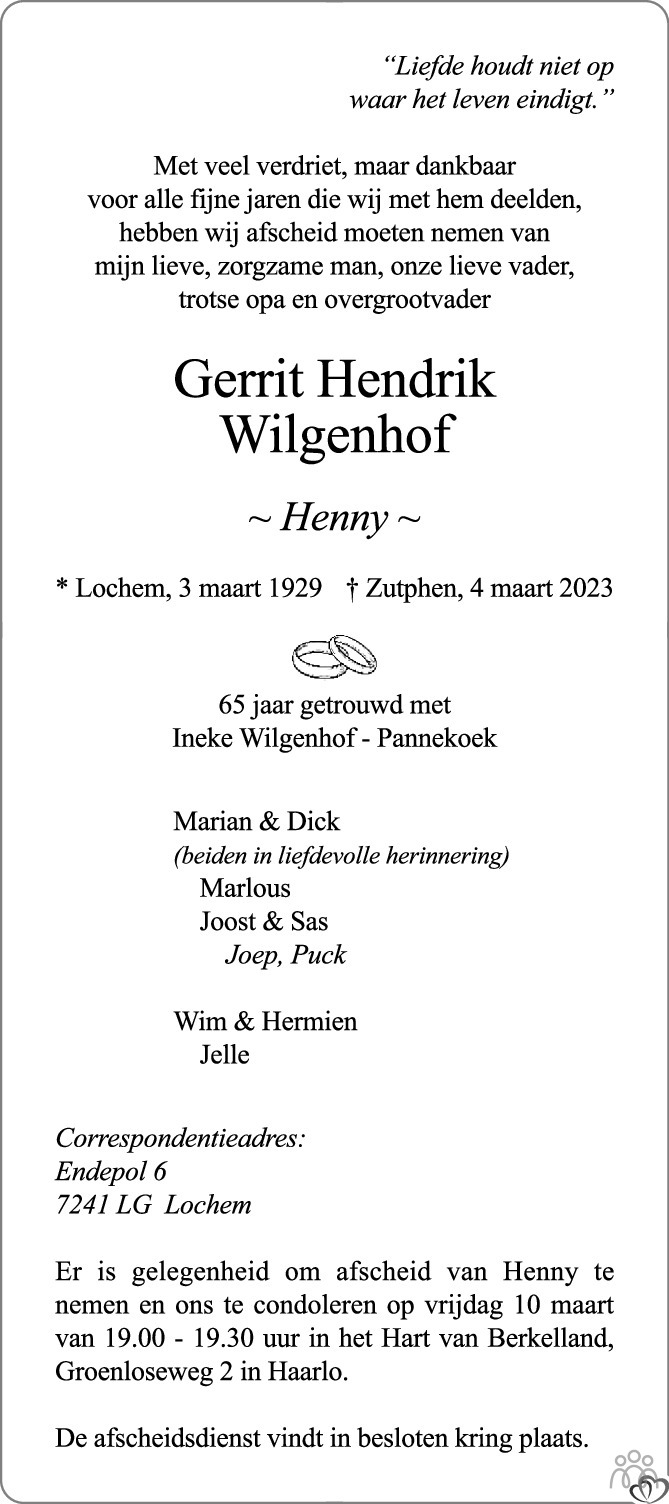 Gerrit Hendrik Henny Wilgenhof 04 03 2023 Overlijdensbericht En