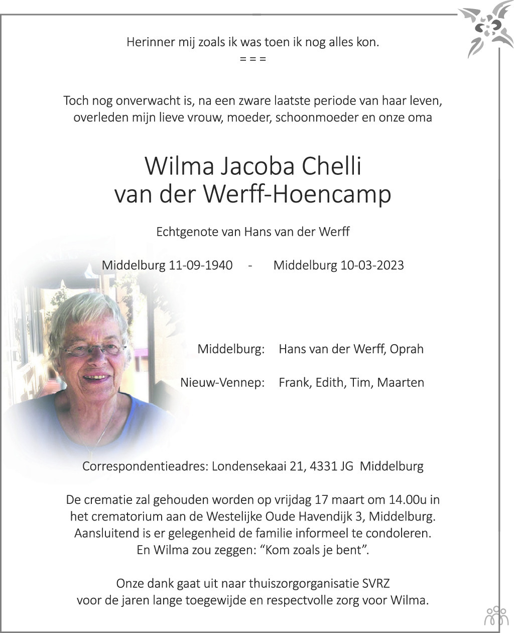 Wilma Jacoba Chelli Van Der Werff Hoencamp 10 03 2023