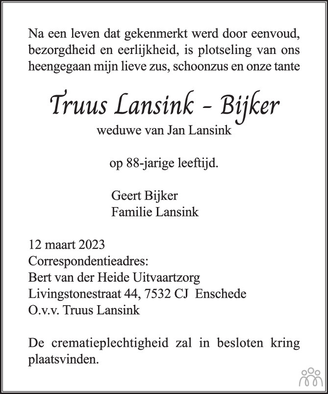 Truus Lansink Bijker 12 03 2023 Overlijdensbericht En Condoleances