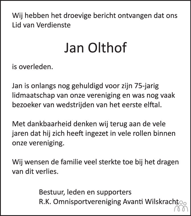 Jan Johannes Hermanus Olthof 10 03 2023 Overlijdensbericht En