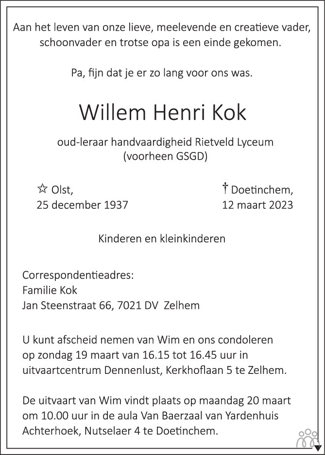 Willem Henri Kok 12 03 2023 Overlijdensbericht En Condoleances