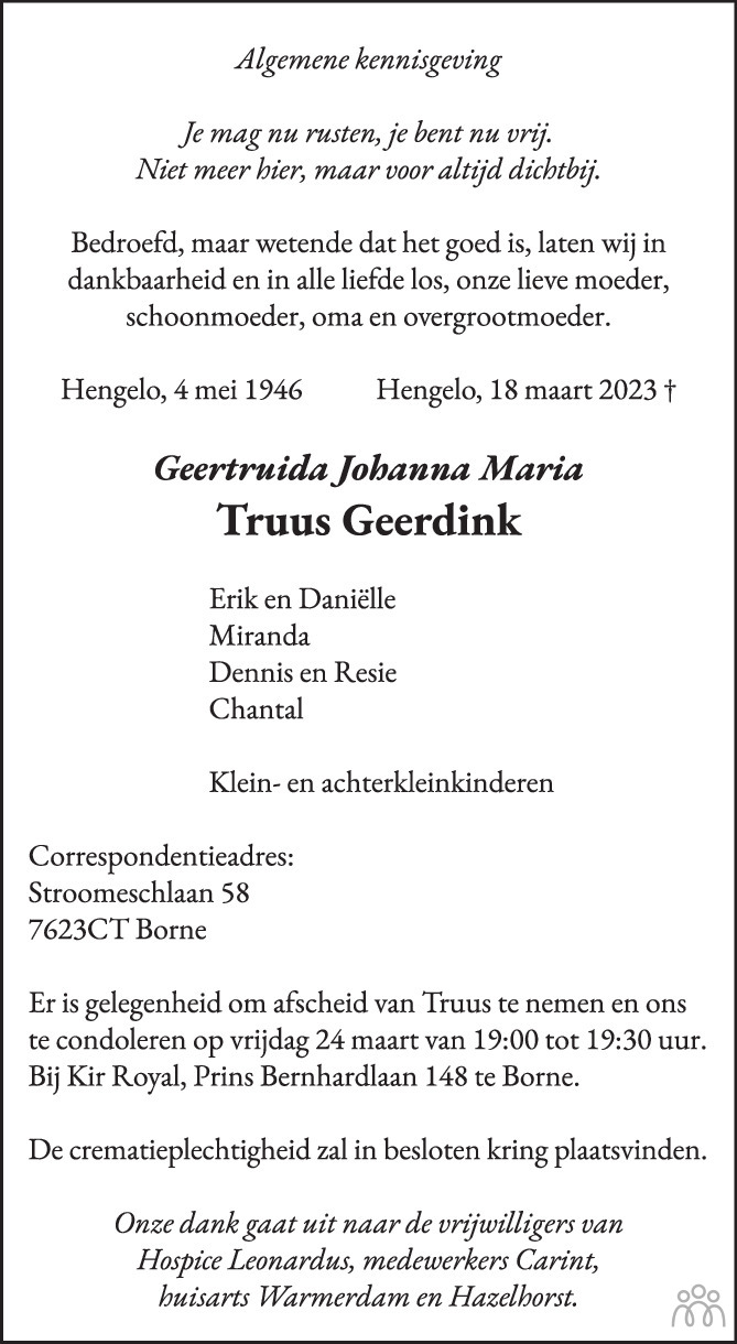 Truus Geertruida Johanna Maria Geerdink Overlijdensbericht