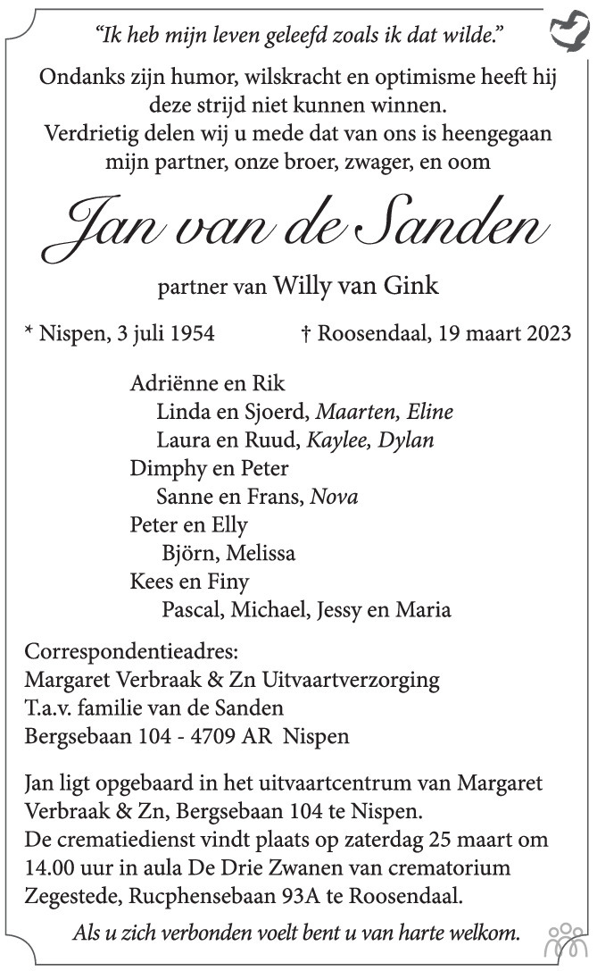 Jan Van De Sanden 19 03 2023 Overlijdensbericht En Condoleances