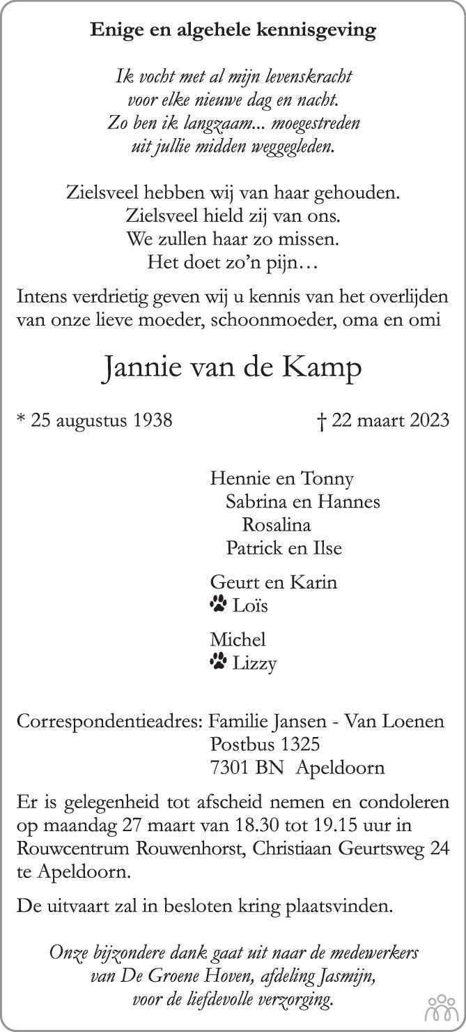 Jannie Van De Kamp Overlijdensbericht En Condoleances