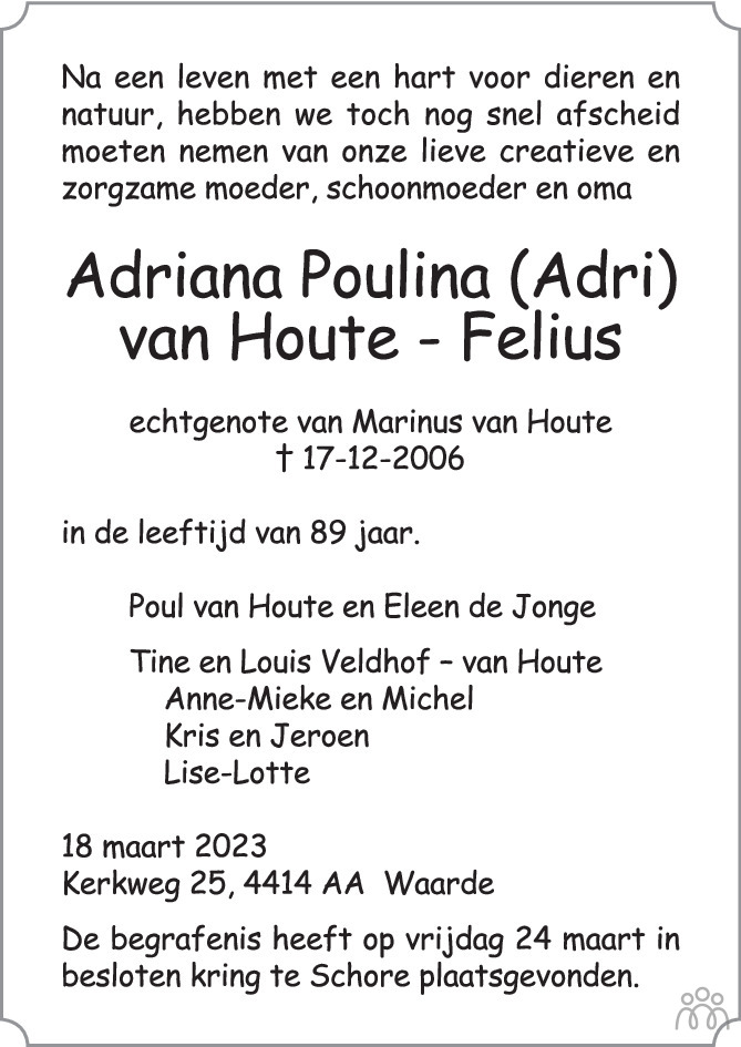 Adriana Poulina Adria Van Houte Felius Overlijdensbericht