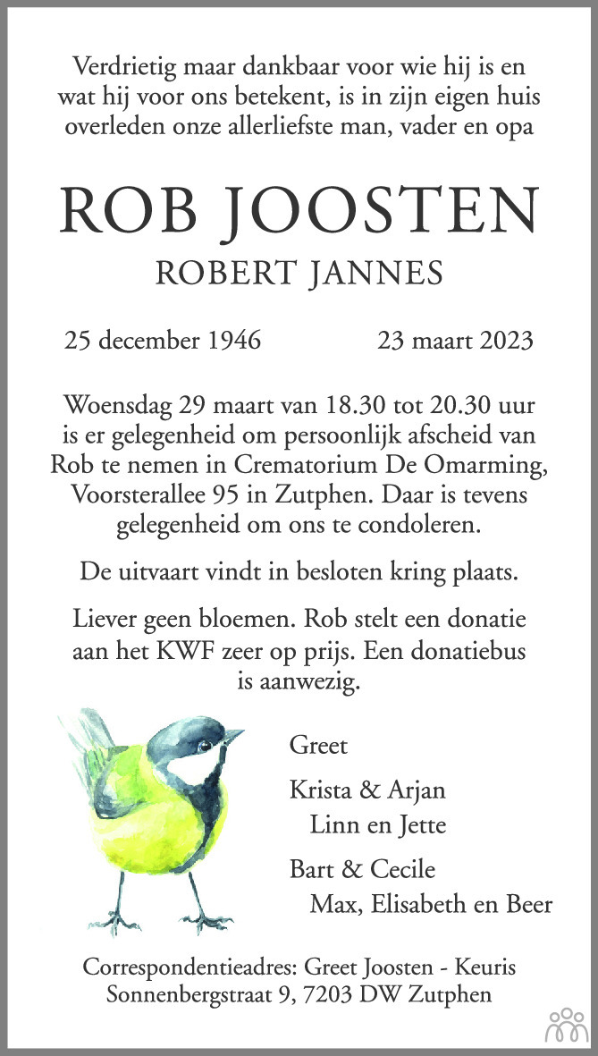 Rob Robert Jannes Joosten 23 03 2023 Overlijdensbericht En