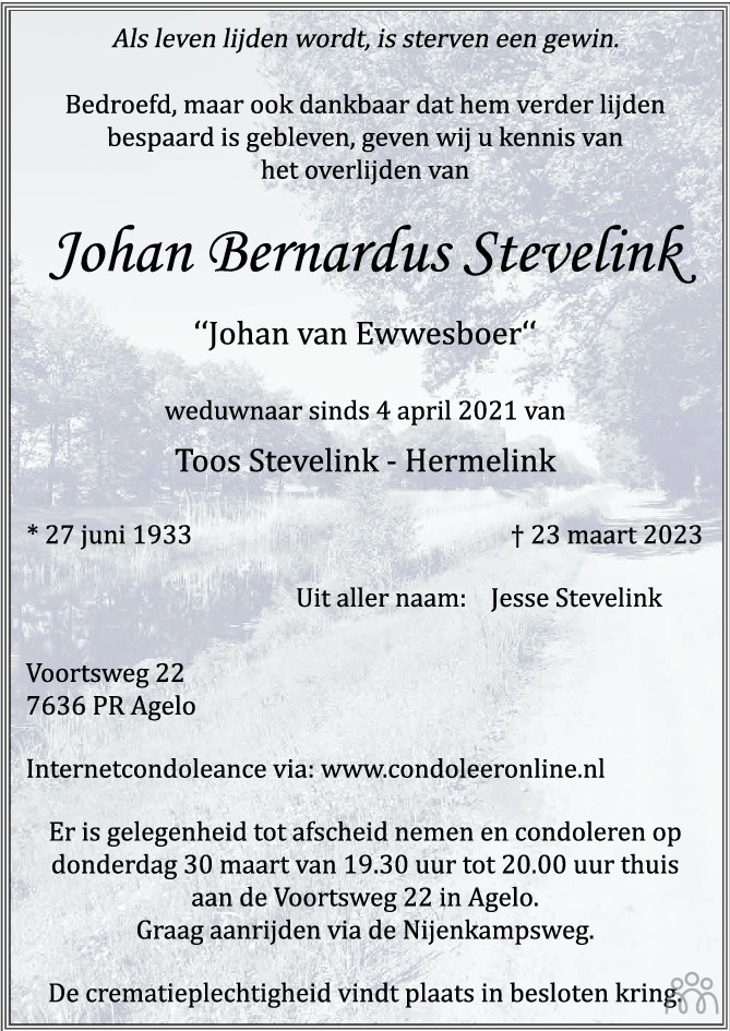 Johan Bernardus Stevelink 23 03 2023 Overlijdensbericht En Condoleances