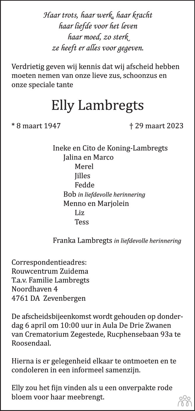 Elly Lambregts 29 03 2023 Overlijdensbericht En Condoleances