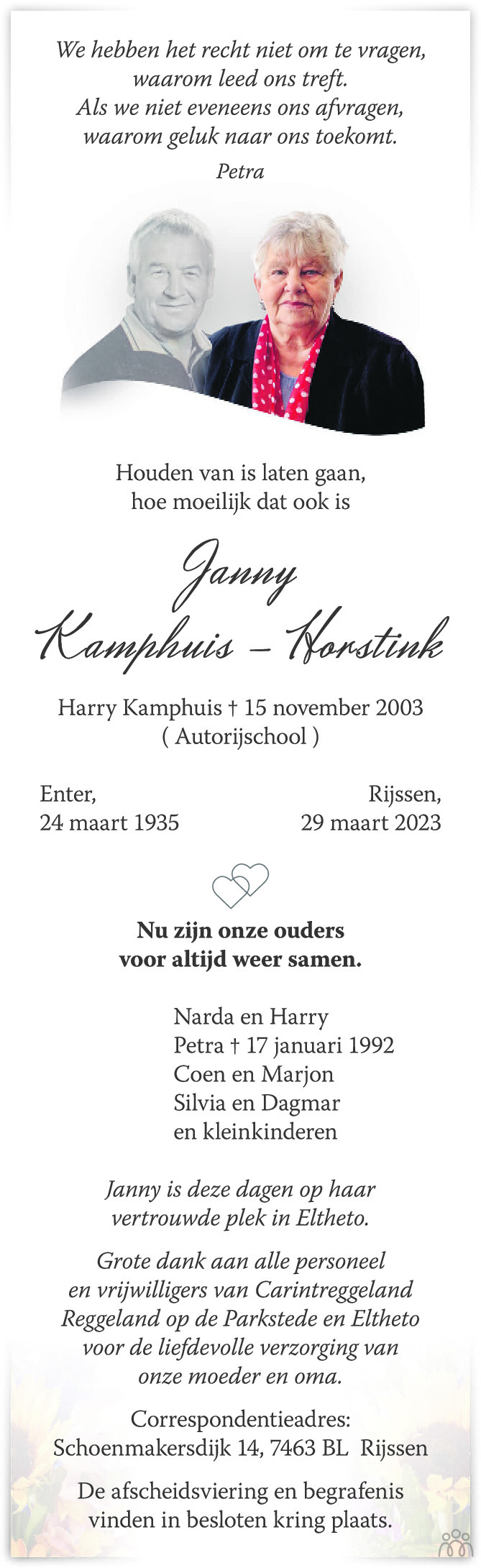 Janny Kamphuis Horstink Overlijdensbericht En Condoleances