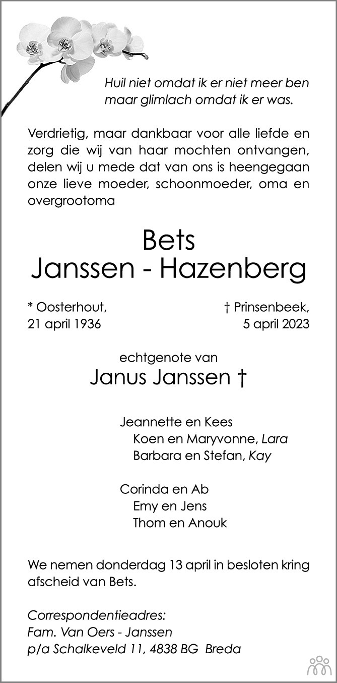 Bets Janssen Hazenberg 05 04 2023 Overlijdensbericht En Condoleances