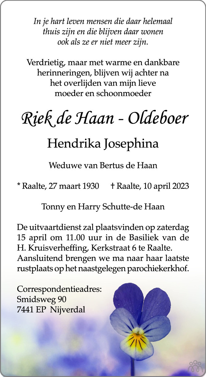 Riek Hendrika Josephina De Haan Oldeboer 10 04 2023