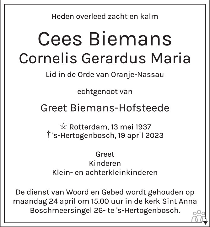 Cees Cornelis Gerardus Maria Biemans Overlijdensbericht En