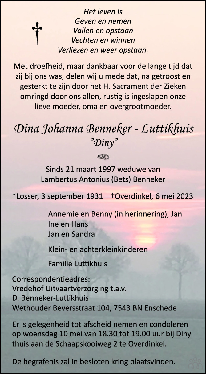 Dina Johanna Diny Benneker Luttikhuis 06 05 2023 Overlijdensbericht