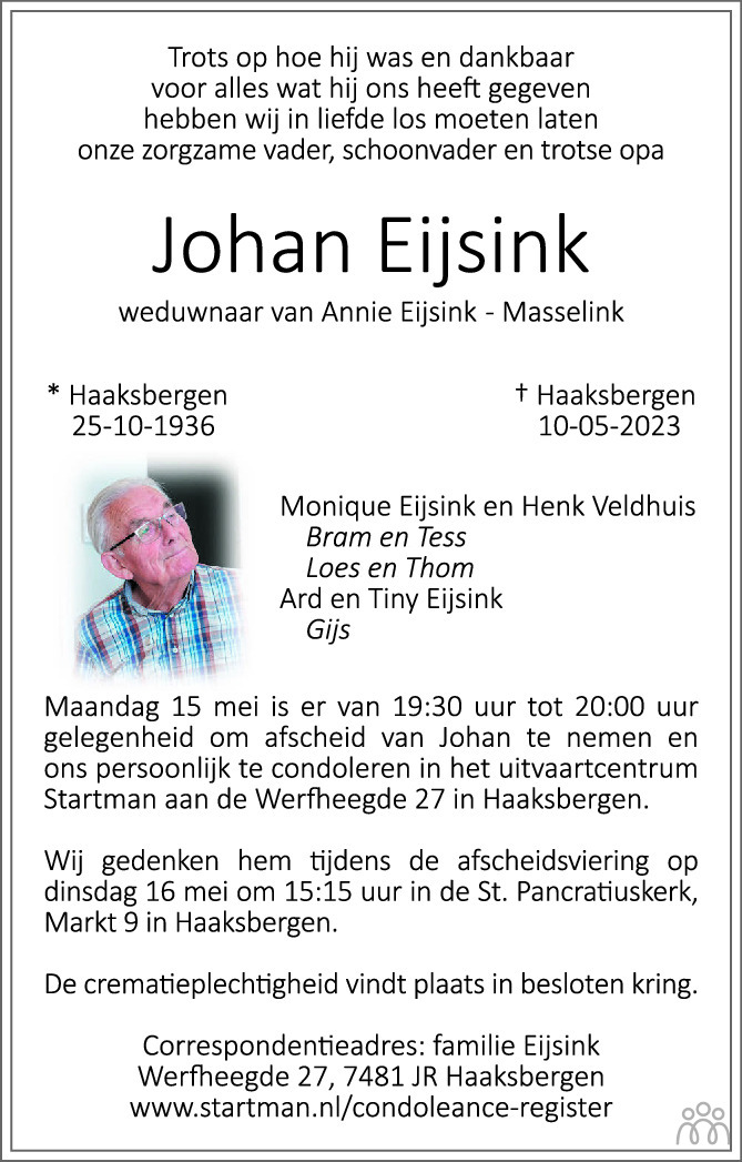 Johan Eijsink 10 05 2023 Overlijdensbericht En Condoleances Mensenlinq Nl