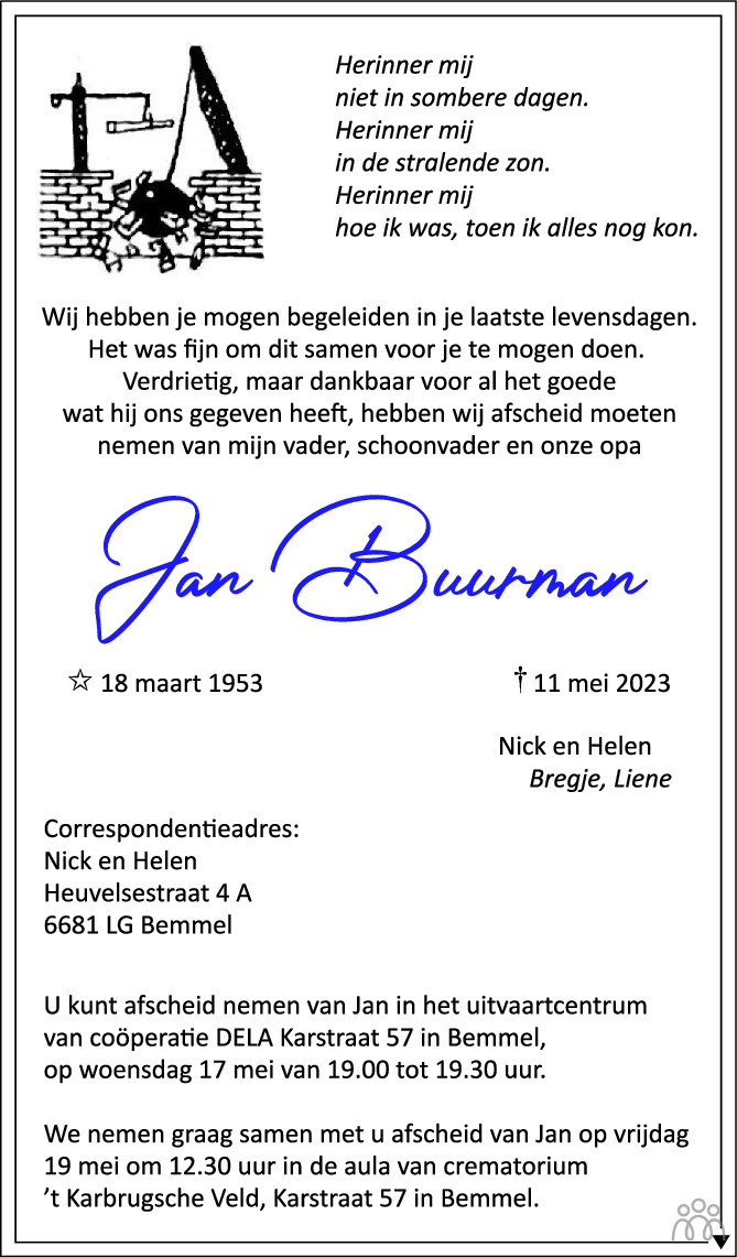 Jan Buurman 11 05 2023 Overlijdensbericht En Condoleances Mensenlinq Nl