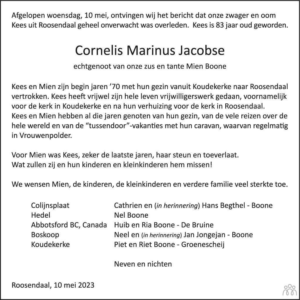 Cornelis Marinus Kees Jacobse Overlijdensbericht En