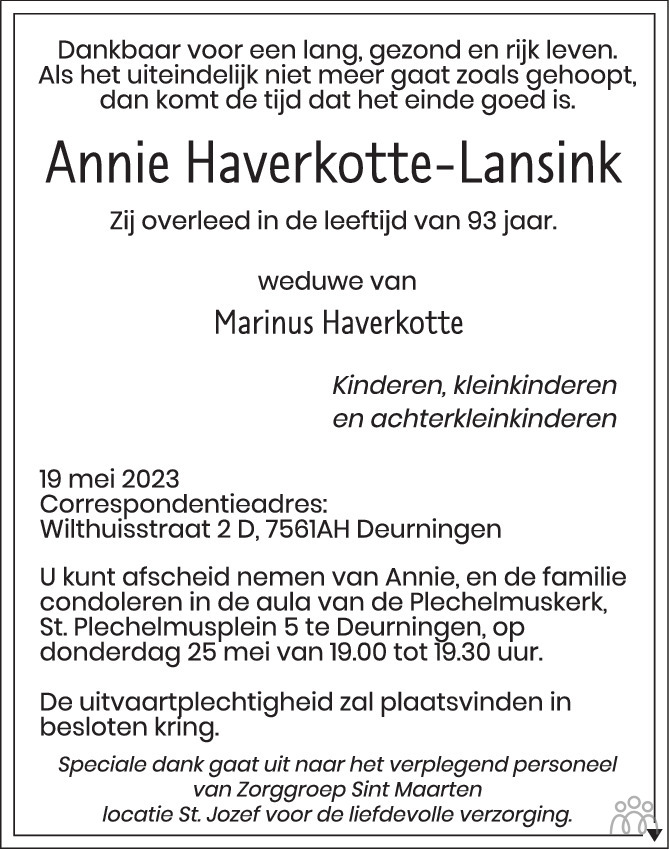 Annie Haverkotte Lansink Overlijdensbericht En Condoleances