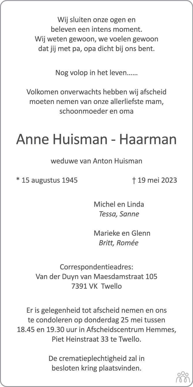 Anne Huisman Haarman Overlijdensbericht En Condoleances