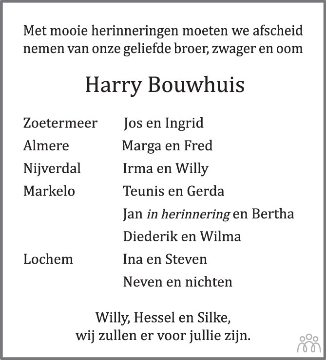 Harry Bouwhuis Overlijdensbericht En Condoleances