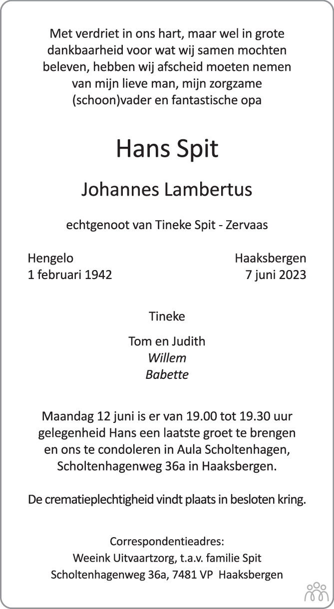 Hans Johannes Lambertus Spit 07 06 2023 Overlijdensbericht En