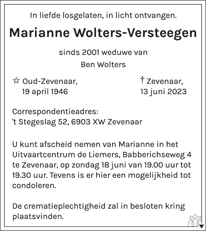 Marianne Wolters Versteegen 13 06 2023 Overlijdensbericht En