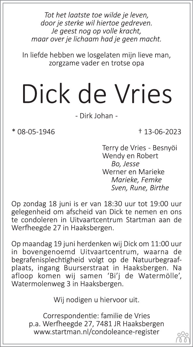 Dick Dirk Johan De Vries Overlijdensbericht En