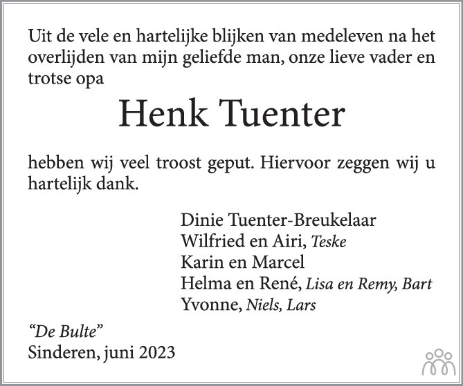 Henk Hendrik Willem Johan Tuenter 09 05 2023 Overlijdensbericht En