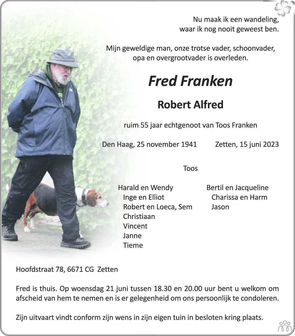 Fred Robert Alfred Franken Overlijdensbericht En